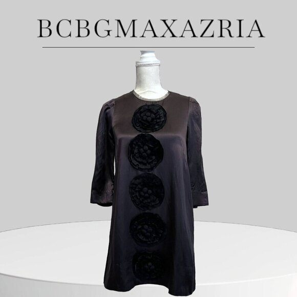 BCBGMAXAZRIA Eggplant Silk with Black Floral Applique Dress 3/4 Sleeveless XS - Picture 1 of 10